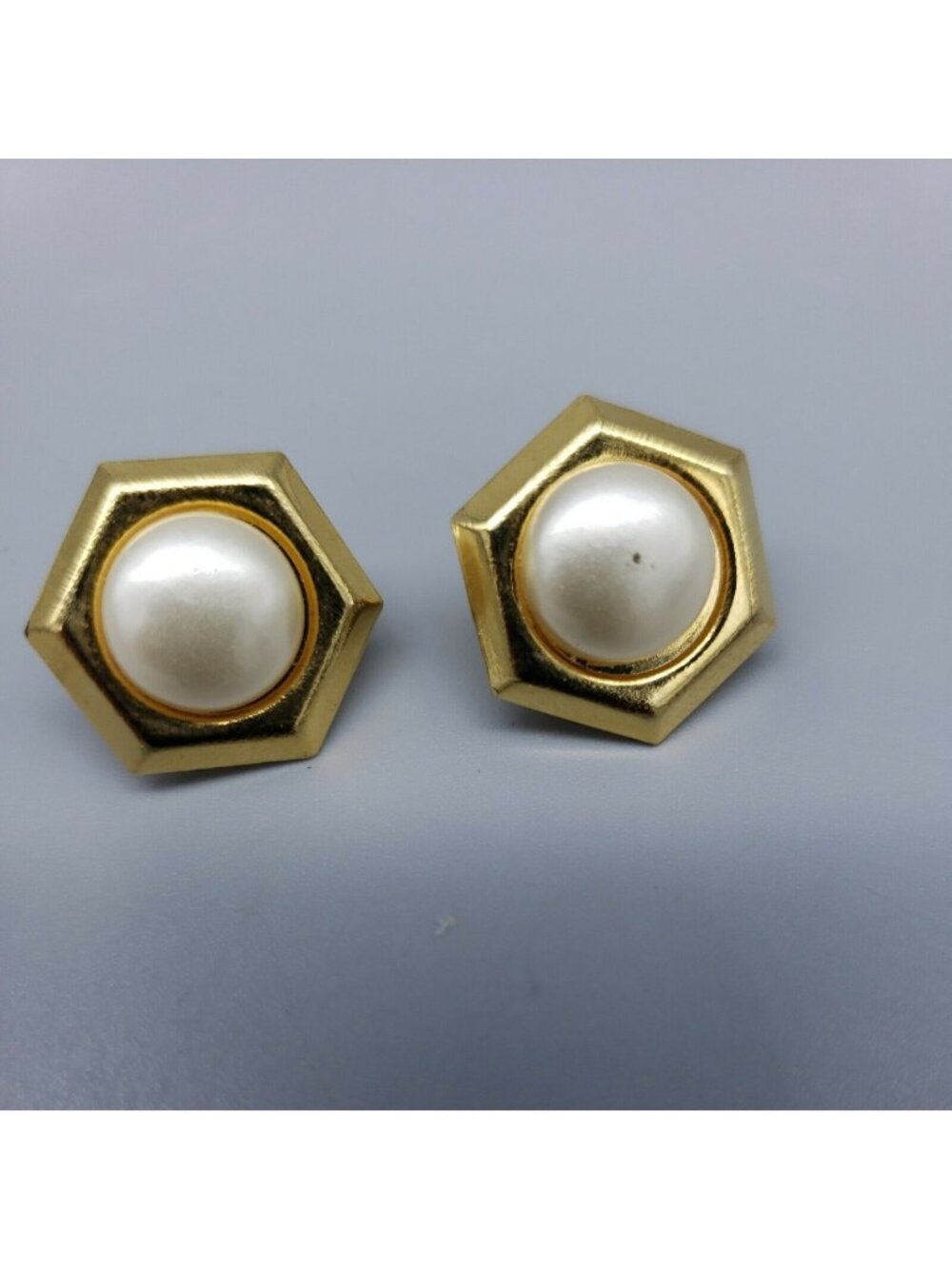 Faux Pearl Gold Tone Clip On Earrings Hexagon